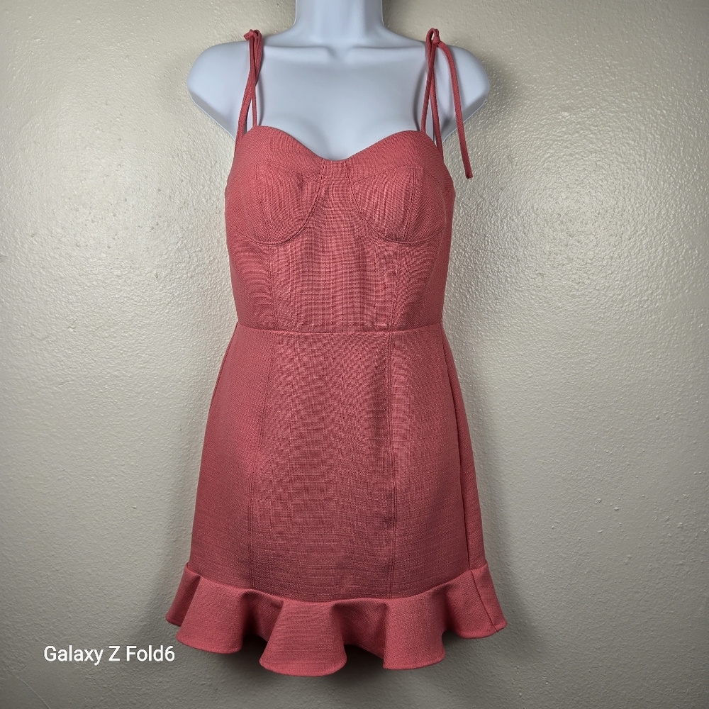 GB Brand Peach Terry-Feel Mini Dress – Size 5, Ruffled Hem, Sleeveless Tie-Strap